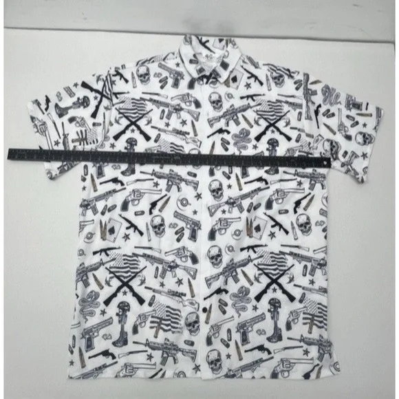 Funny Guy Mugs Gun Skull Print Shirt XXL White Graphic Button Up Men's Top - Picture 8 of 12